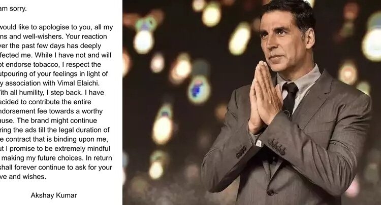 Akshay Kumar issues apology for starring in tobacco brand TVC, decides to step back.