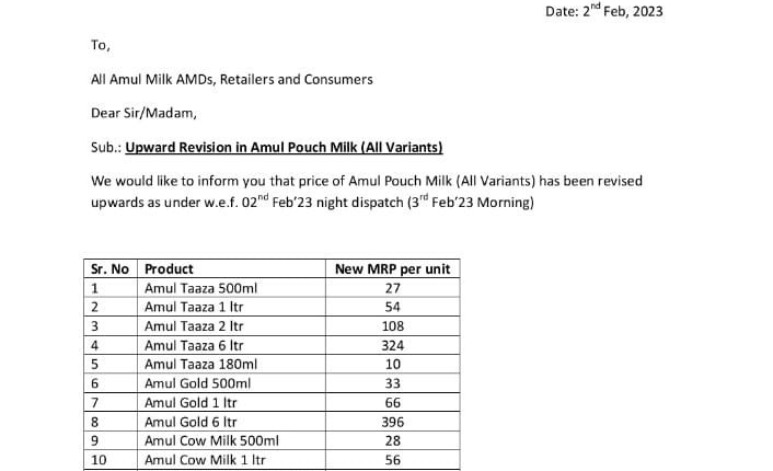 amul revised prices